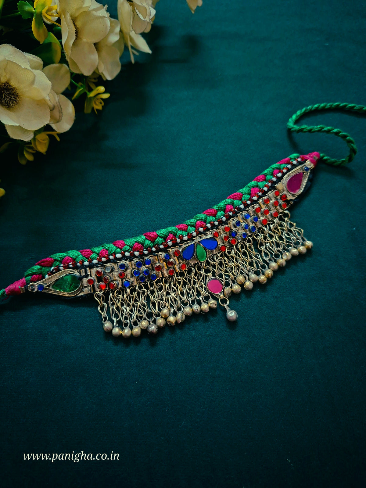 Shahana — Vintage Afghan Statement Choker (Green & Pink)