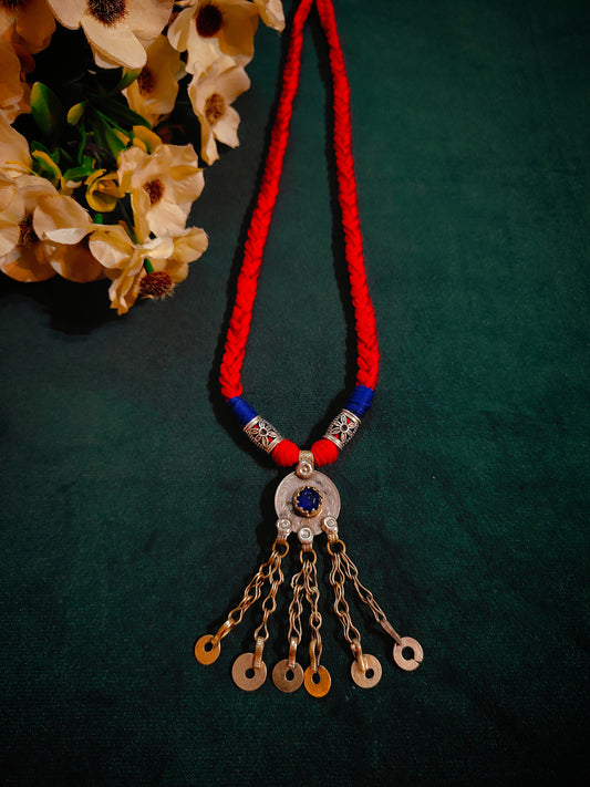 Afghan Coin Pendant with Blue Stone and Tassels