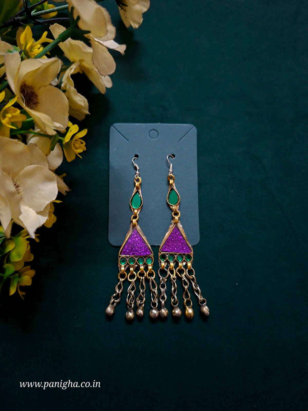 Trikon Boond Afghan Earrings (Purple & Green)
