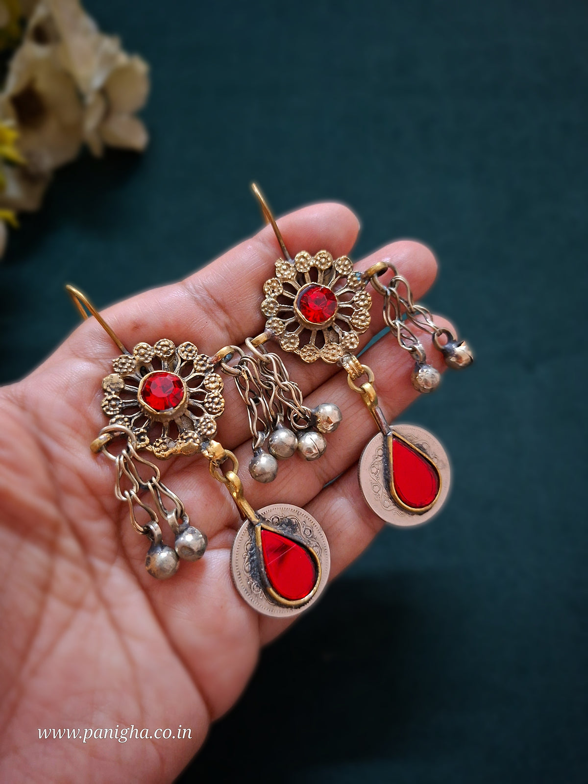 Gul-o-Sikka — Vintage Afghan Earrings (Red)