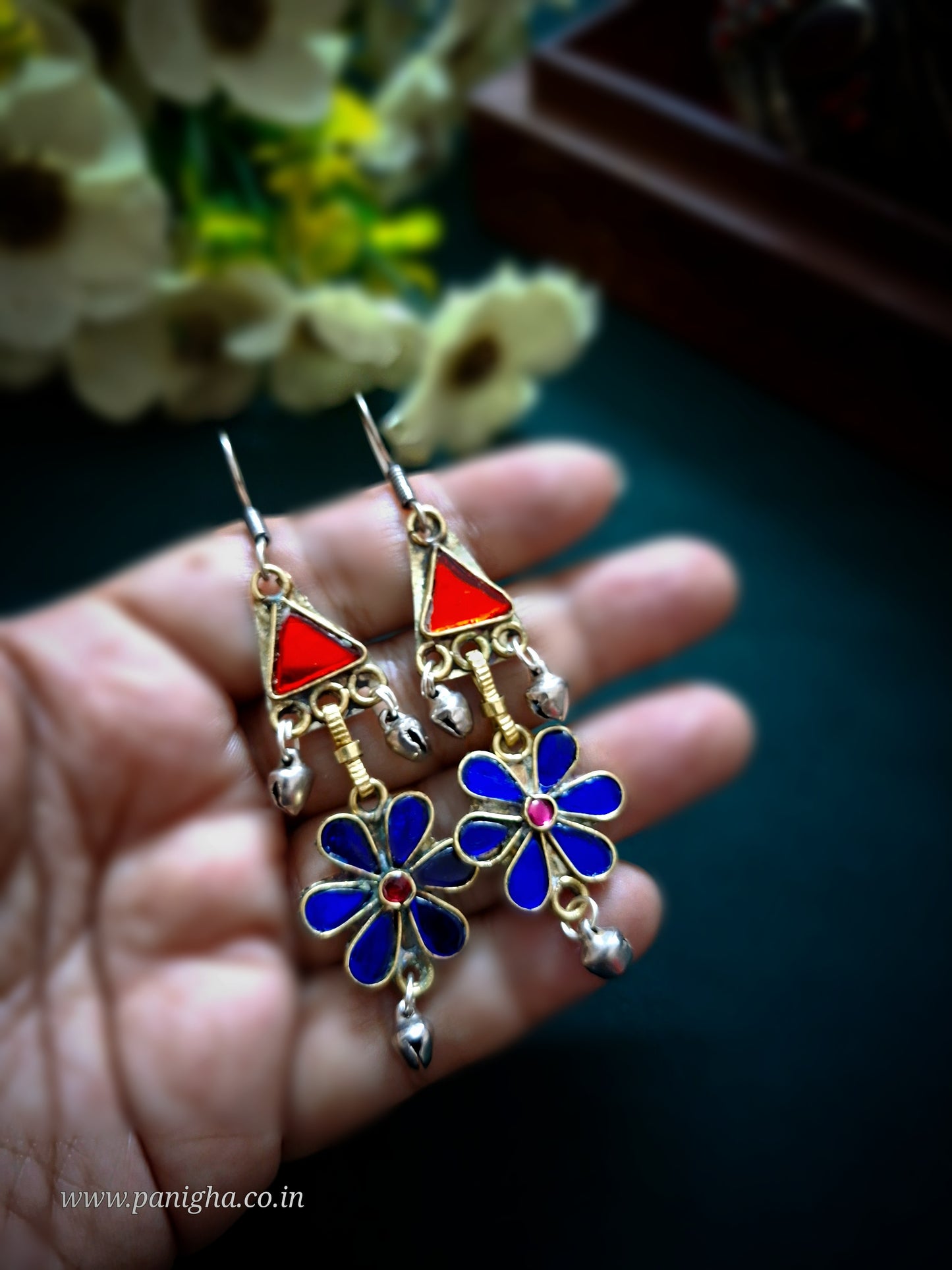 Desert Flower Triangle Earrings - Blue