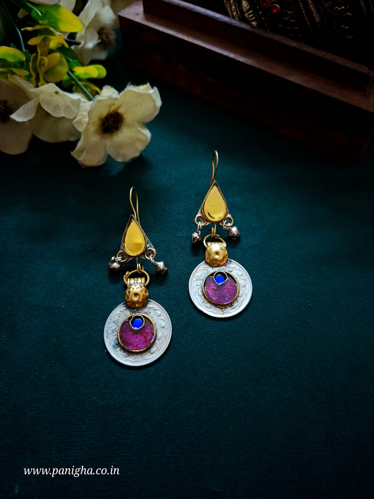 Afghan Rang Coin Earrings – Gold & Purple