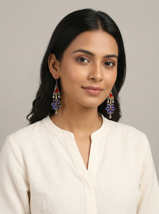 Desert Flower Triangle Earrings - Blue