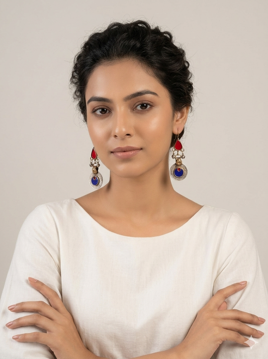 Afghan Rang Coin Earrings – Red & Blue