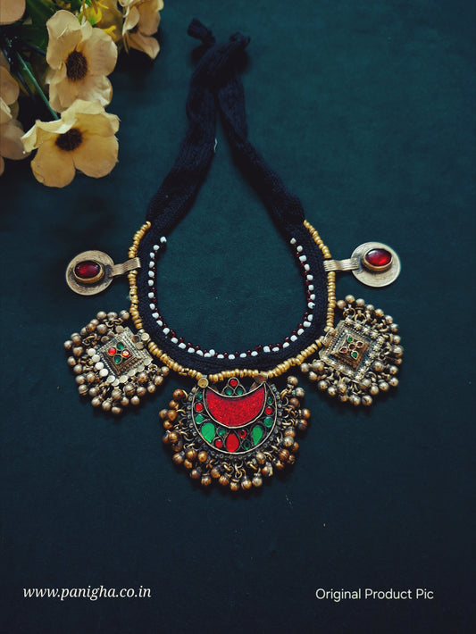 Vintage Afghan Kutchi Statement Neckpiece (Red & Green)