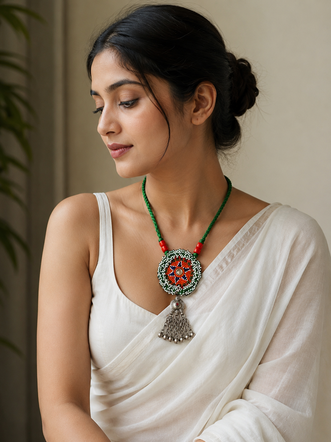 Vintage Afghan Pendant Necklace with Kutch Beaded Medallion