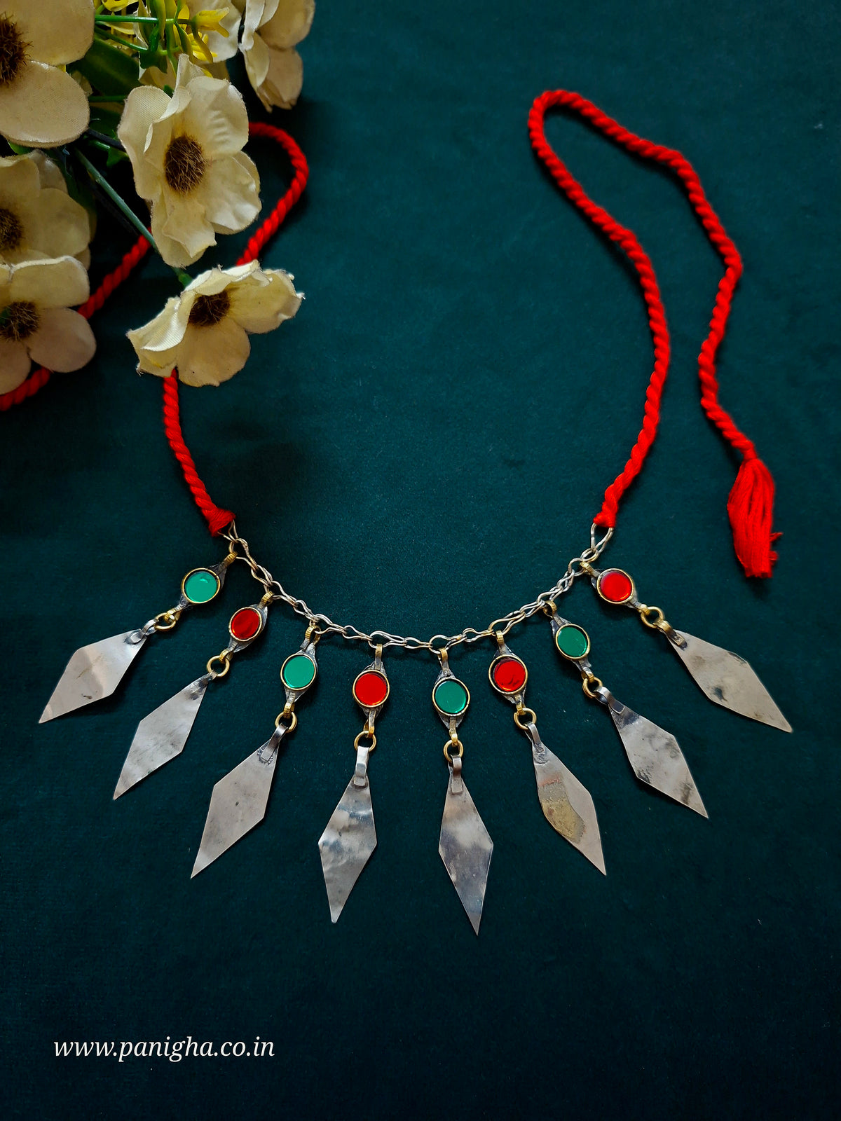 Afghan Neckpiece with Matching Earrings (red & green)