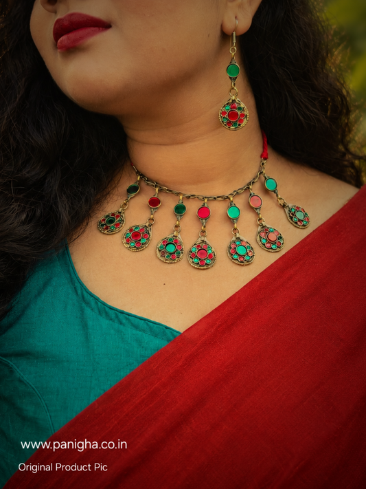 Afghan Neckpiece with Matching Earrings (red & green)