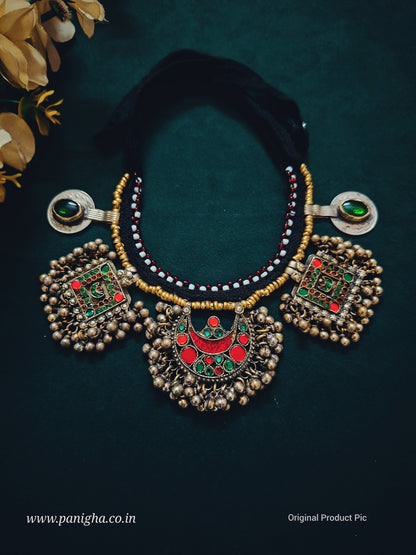 Vintage Afghan Kutchi Statement Neckpiece (Red & Green)