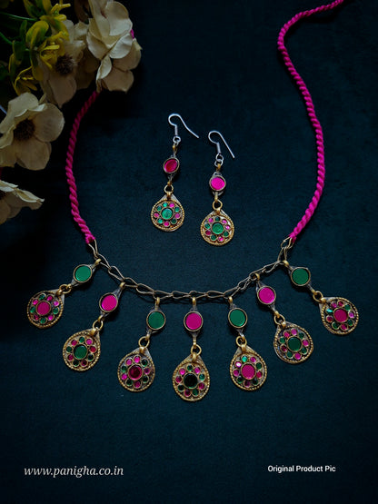 Afghan Neckpiece with Matching Earrings (pink and green)