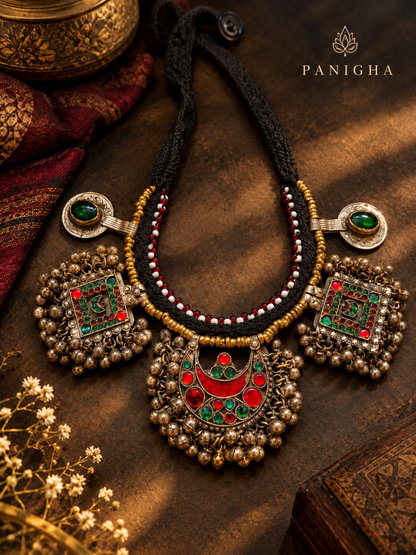 Vintage Afghan Kutchi Statement Neckpiece (Red & Green)