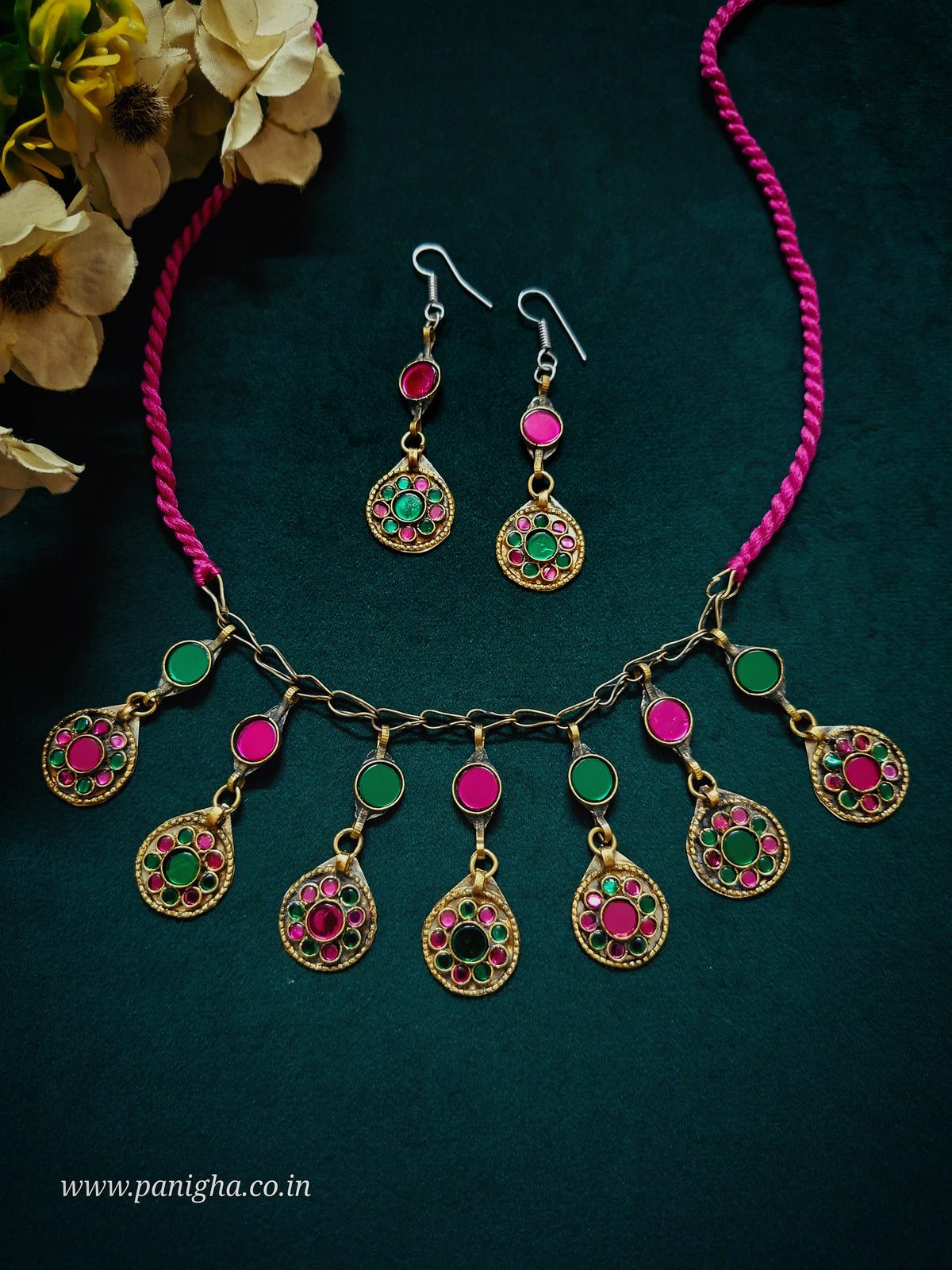 Afghan Neckpiece with Matching Earrings (pink and green)