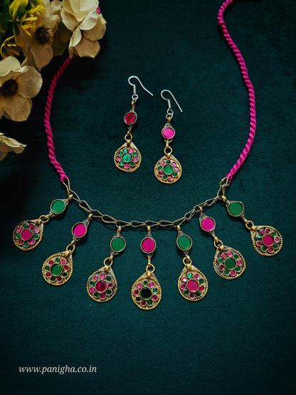 Afghan Neckpiece with Matching Earrings (pink and green)