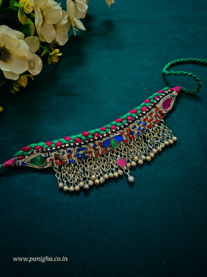 Shahana — Vintage Afghan Statement Choker (Green & Pink)