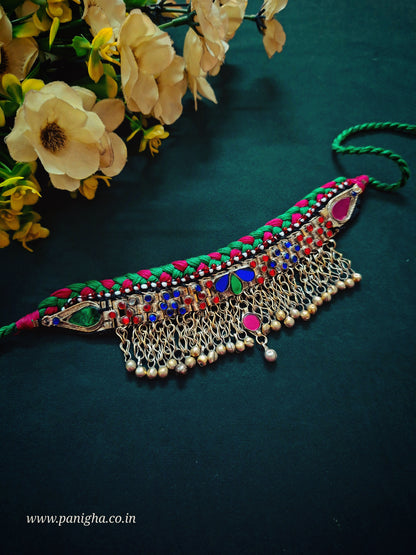 Shahana — Vintage Afghan Statement Choker (Green & Pink)