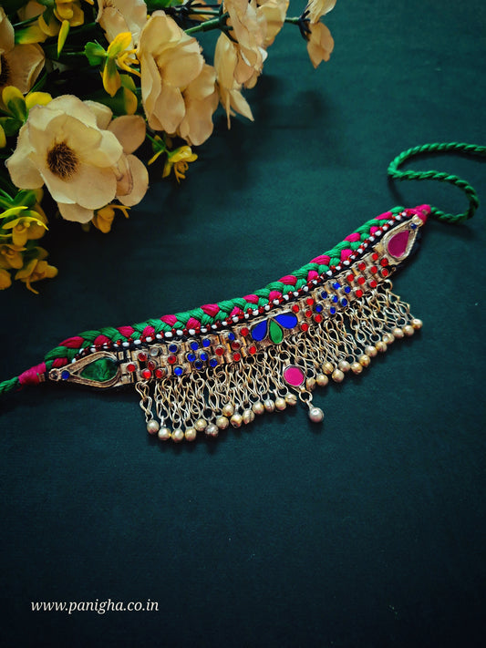 Shahana — Vintage Afghan Statement Choker (Green & Pink)