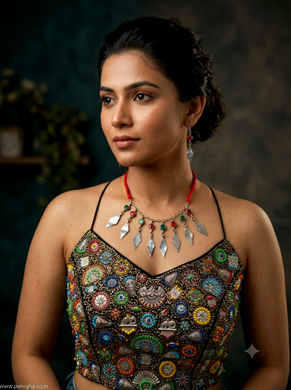Afghan Neckpiece with Matching Earrings (red & green)