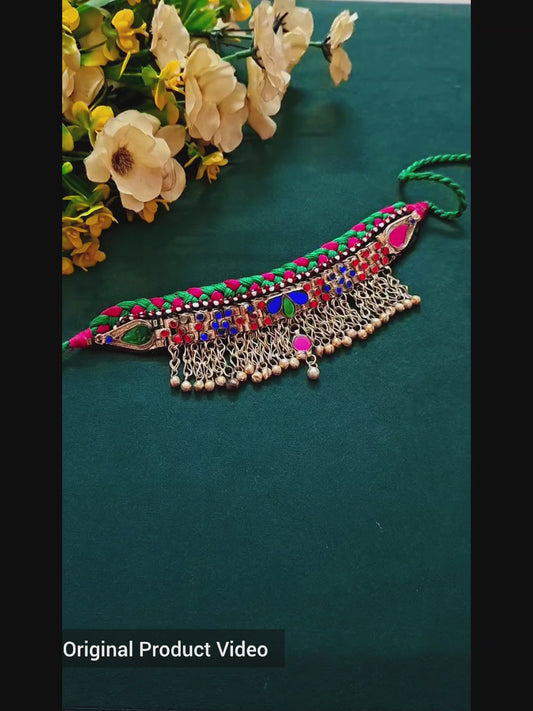Shahana — Vintage Afghan Statement Choker (Green & Pink)