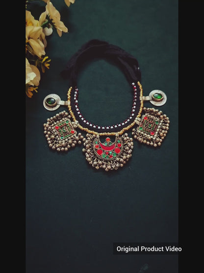 Vintage Afghan Kutchi Statement Neckpiece (Red & Green)