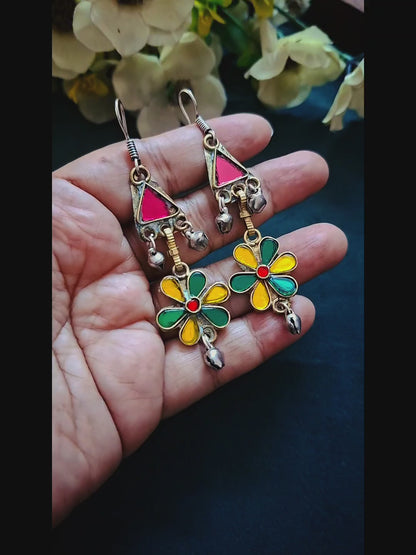 Desert Flower Earrings - Green & Yellow