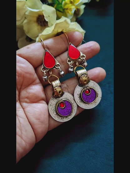Afghan Rang Coin Earrings – Red & Purple