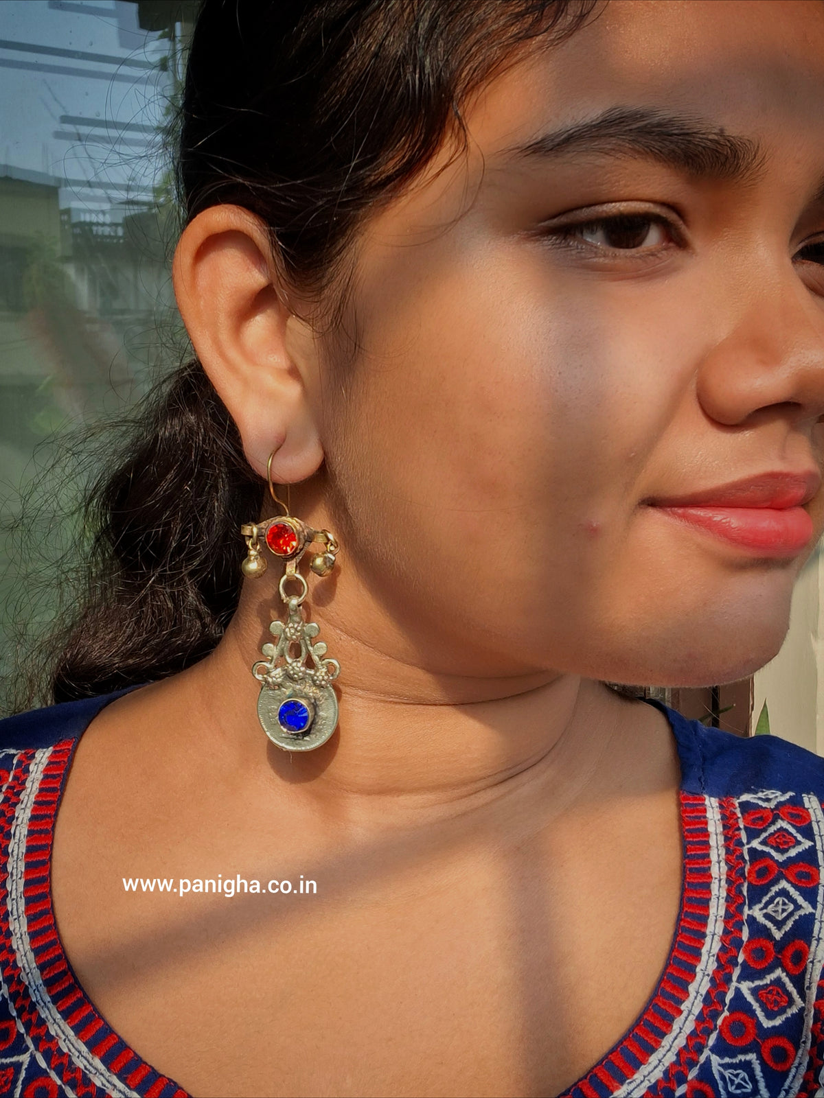 Naqsh-e-Sikka Vintage Afghan Earrings (Red & Blue)