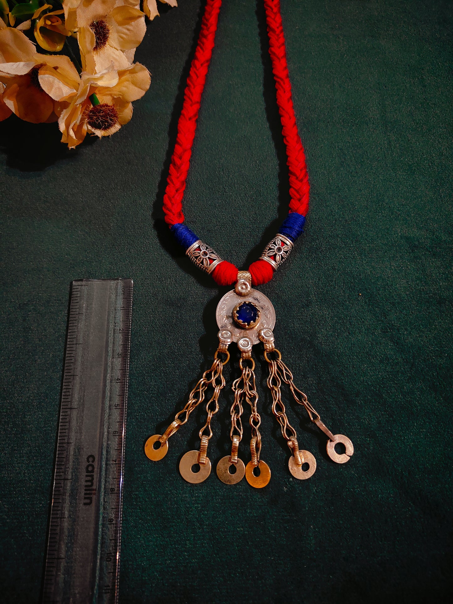 Afghan Coin Pendant with Blue Stone and Tassels