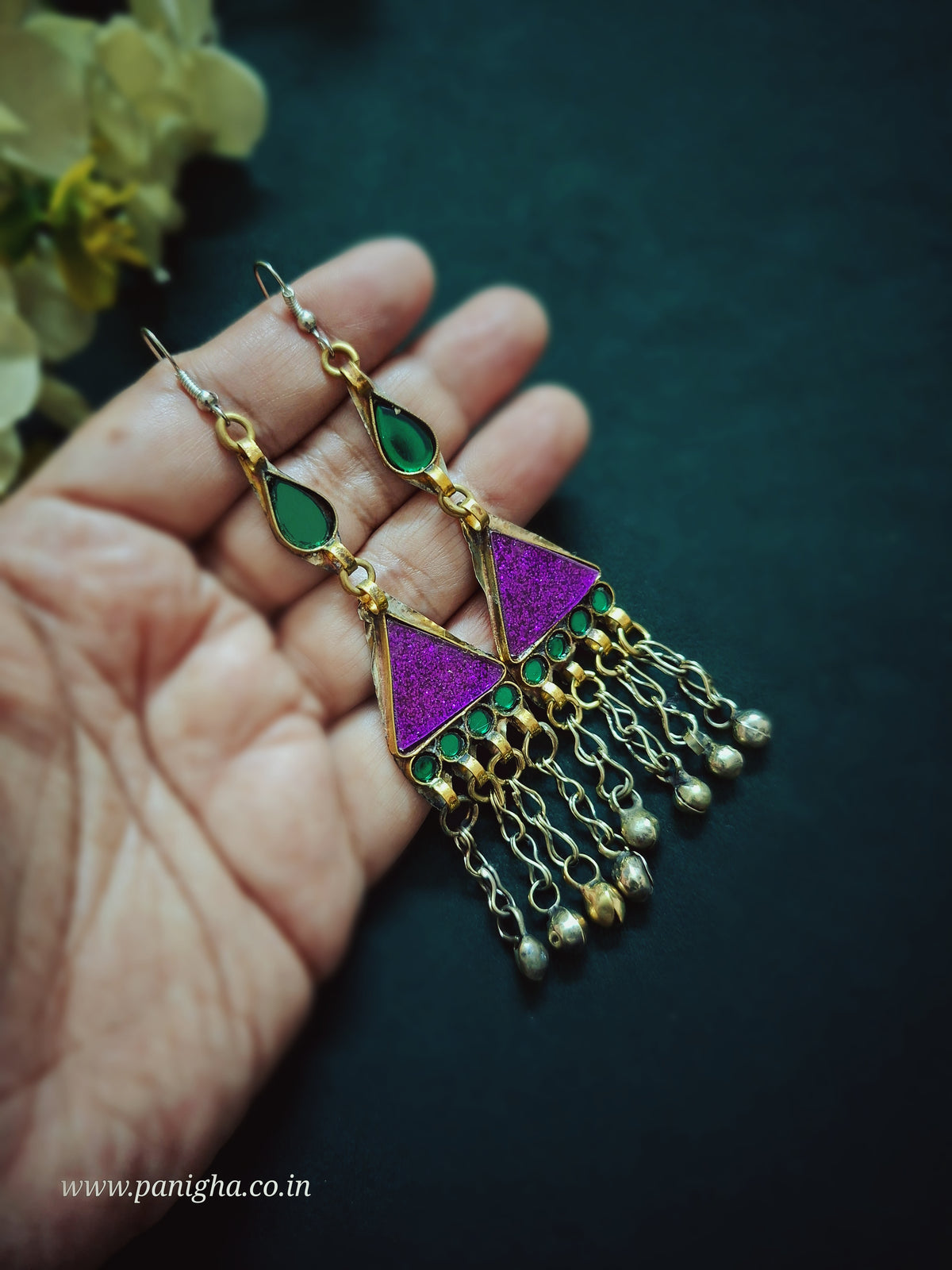 Trikon Boond Afghan Earrings (Purple & Green)