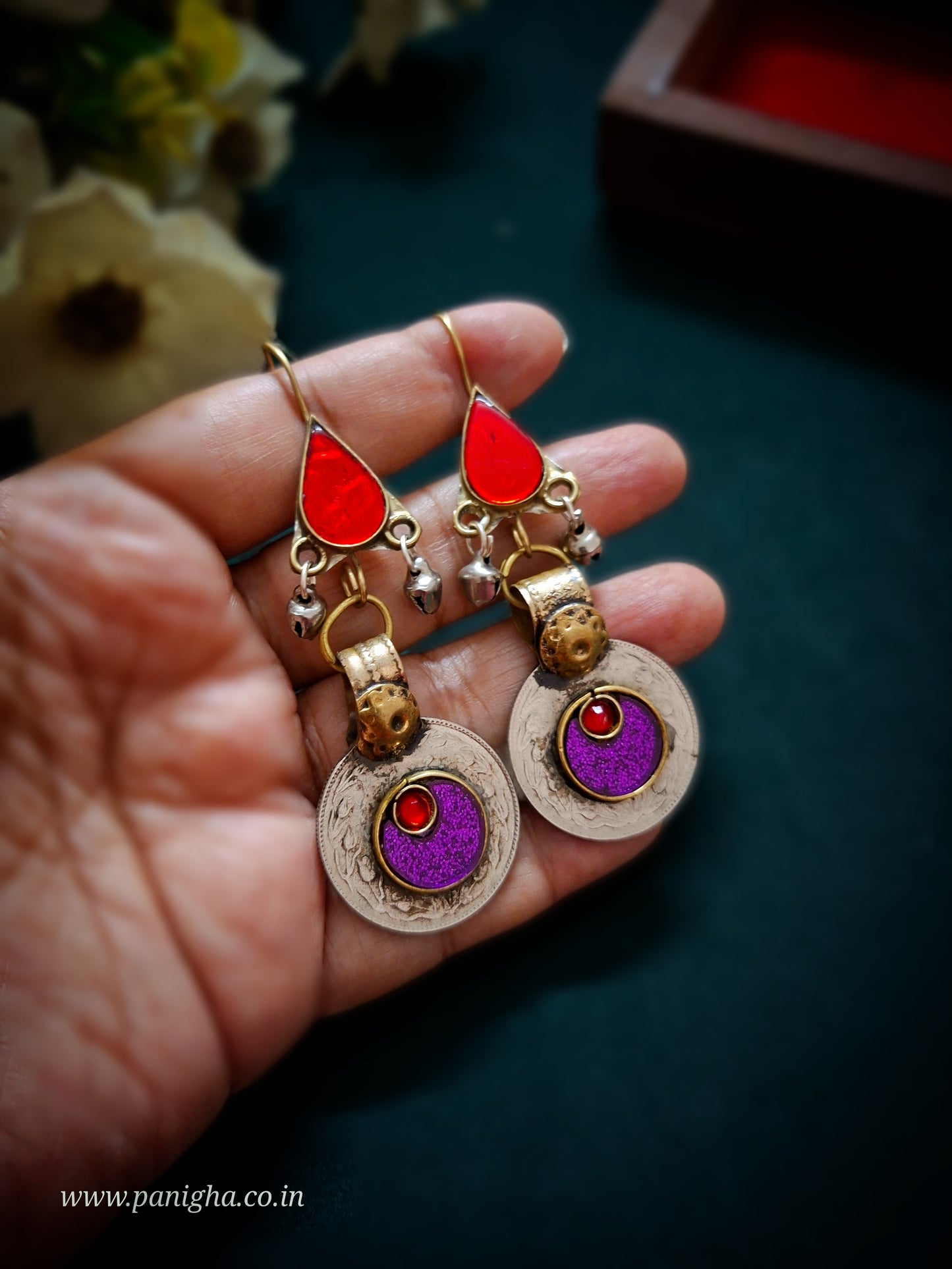 Afghan Rang Coin Earrings – Red & Purple