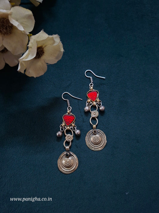 Shab-e-Surkh vintage Afghan earrings with heart-shaped red glass centerpiece and antique silver-toned detailing