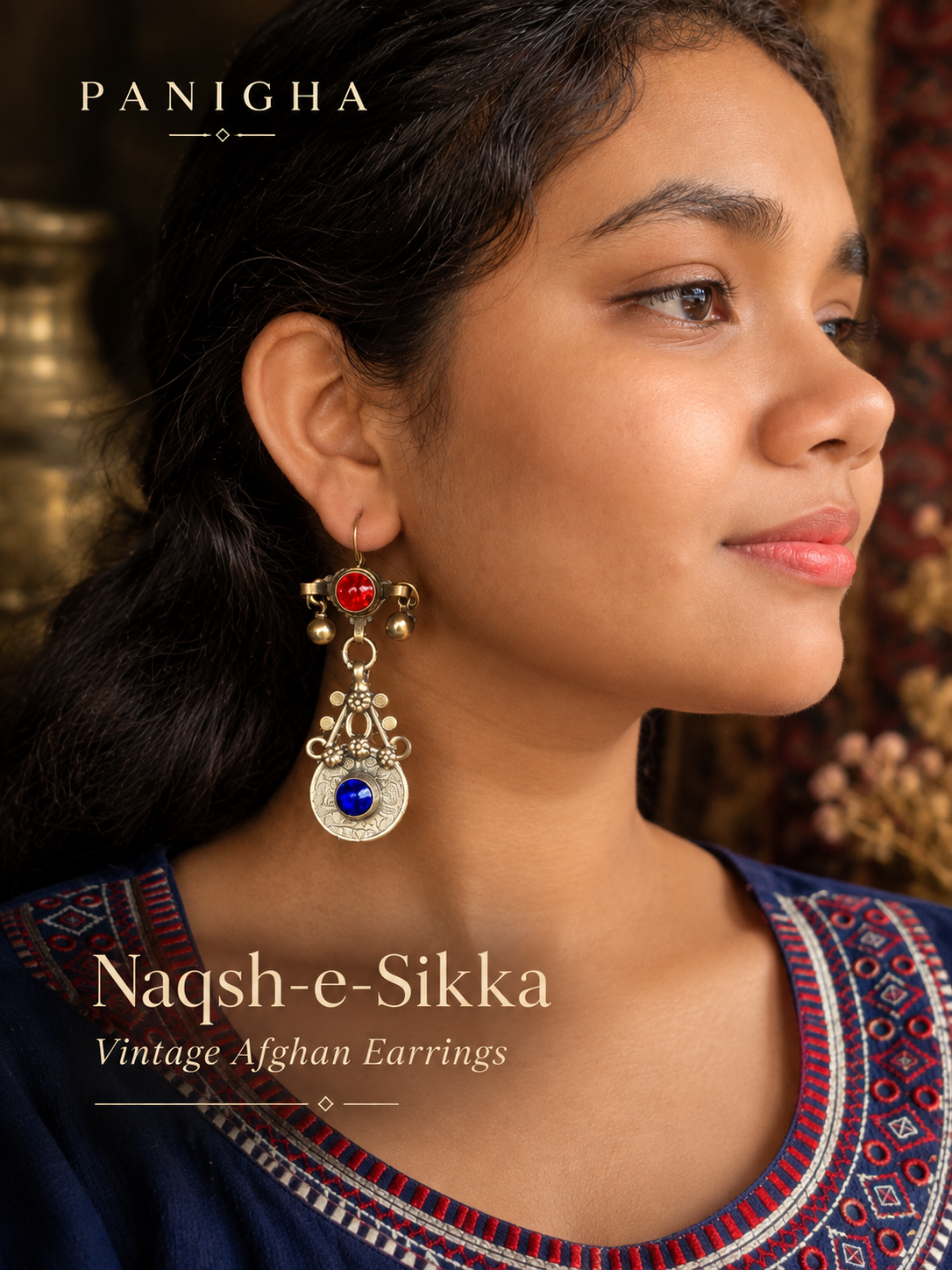 Naqsh-e-Sikka Vintage Afghan Earrings (Red & Blue)