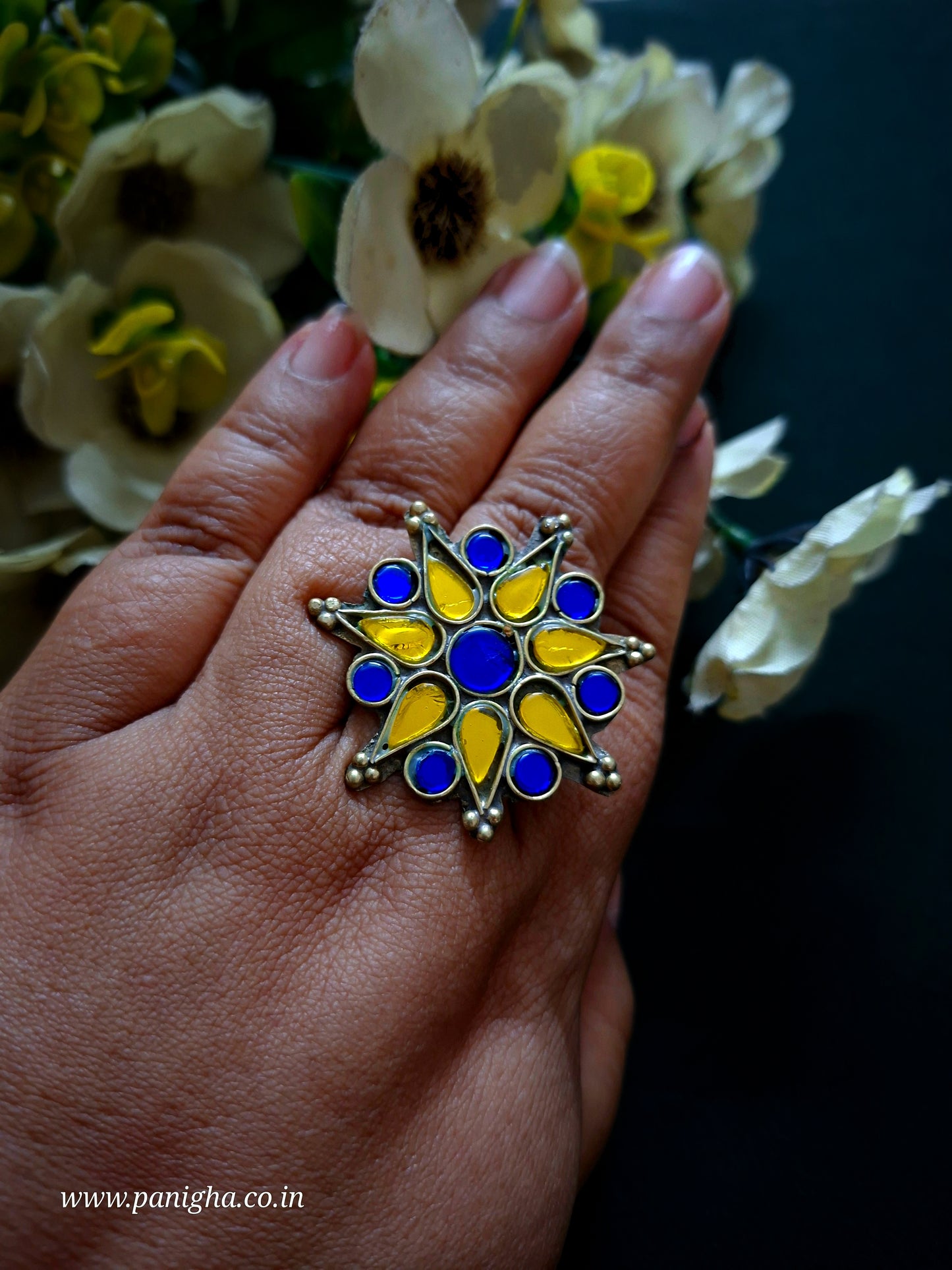 Gulnar Yellow Blue Vintage Afghan Rings