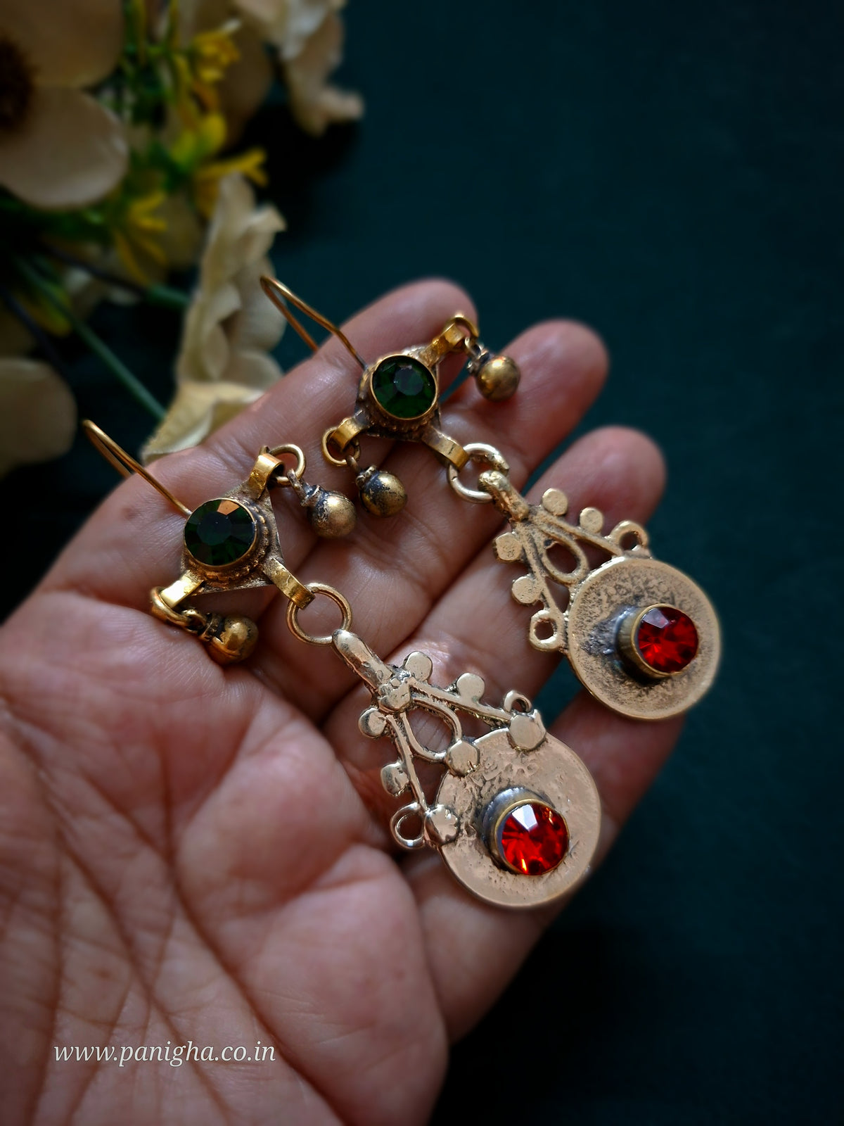 Naqsh-e-Sikka Vintage Afghan Earrings (Green & Red)