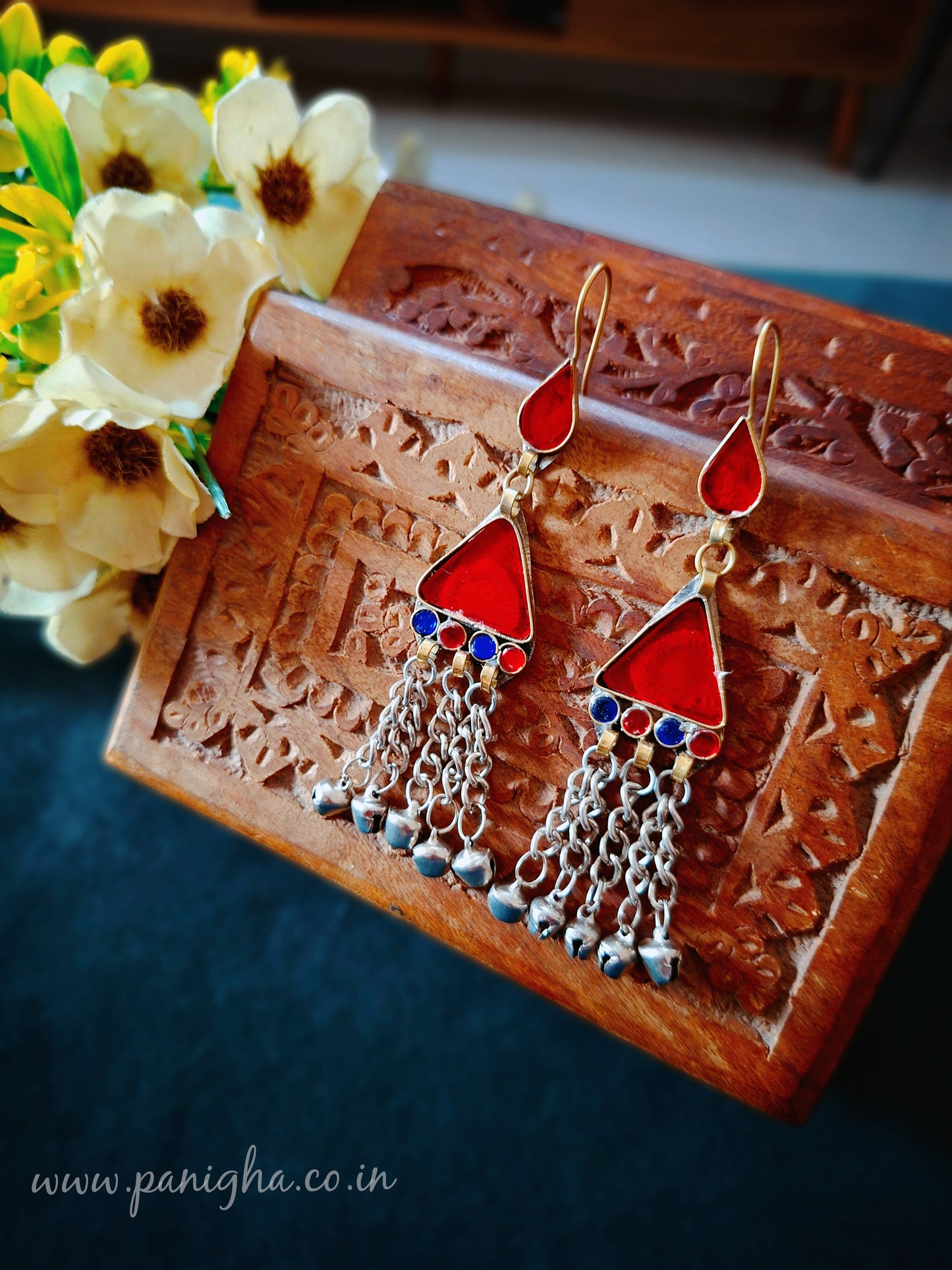 Lal Trikon Boond Afghan Earrings