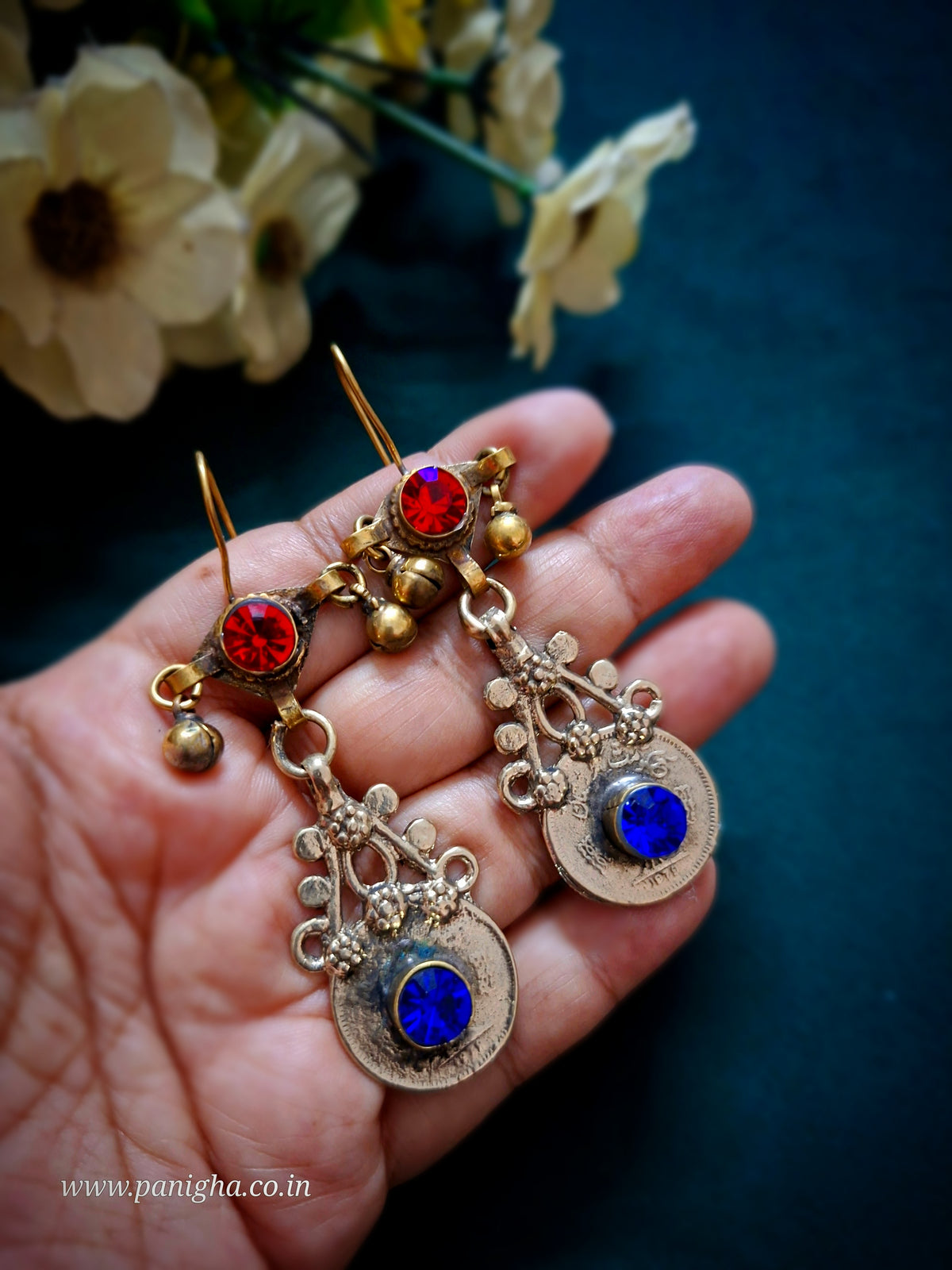 Naqsh-e-Sikka Vintage Afghan Earrings (Red & Blue)