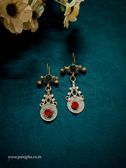 Naqsh-e-Sikka Vintage Afghan Earrings (Green & Red)