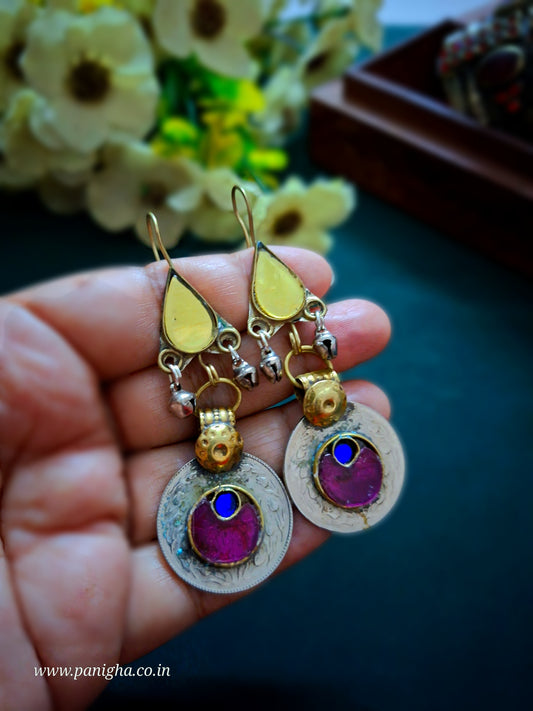 Afghan Rang Coin Earrings – Gold & Purple