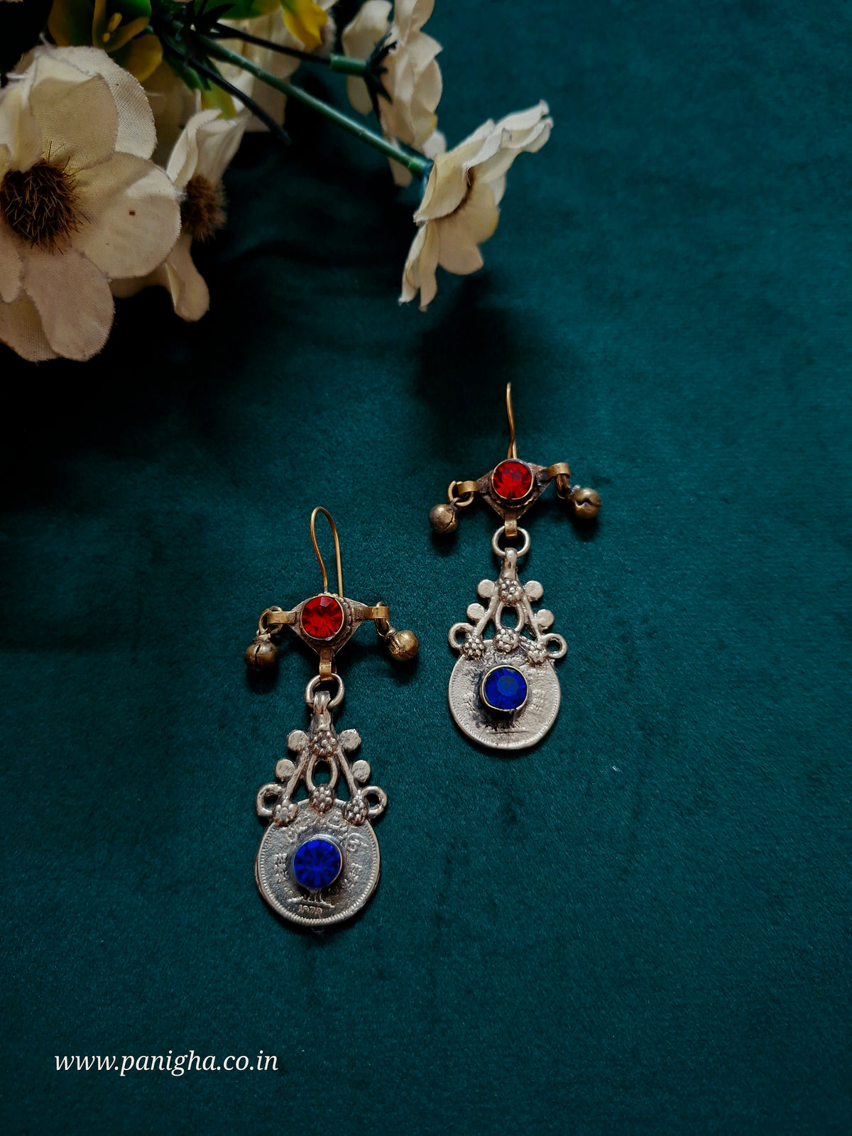 Naqsh-e-Sikka Vintage Afghan Earrings (Red & Blue)