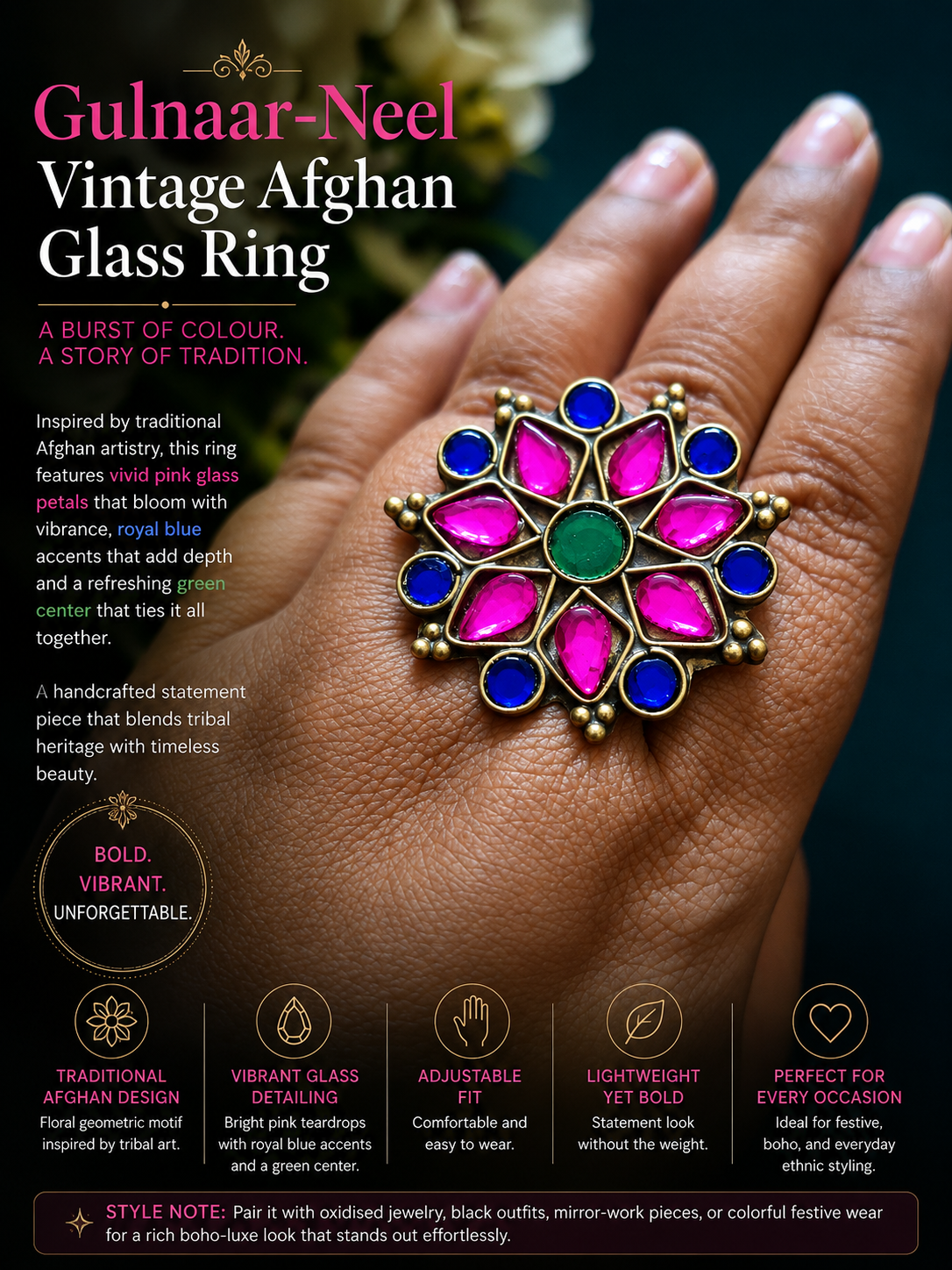 Gulnaar-Neel Vintage Afghan Glass Ring